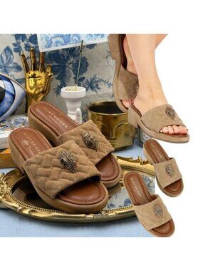 🆕 KURT GEIGER LONDON 🧿 NWOB Kensington Quilted Slip On Sandal, Tan Suede, Sz 7